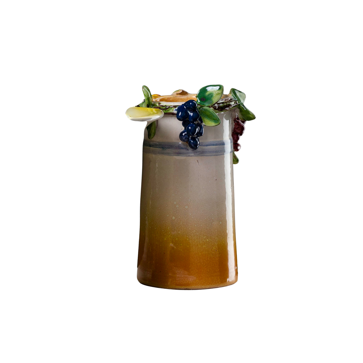 Small White and Yellow Vase with Grapes on Rim