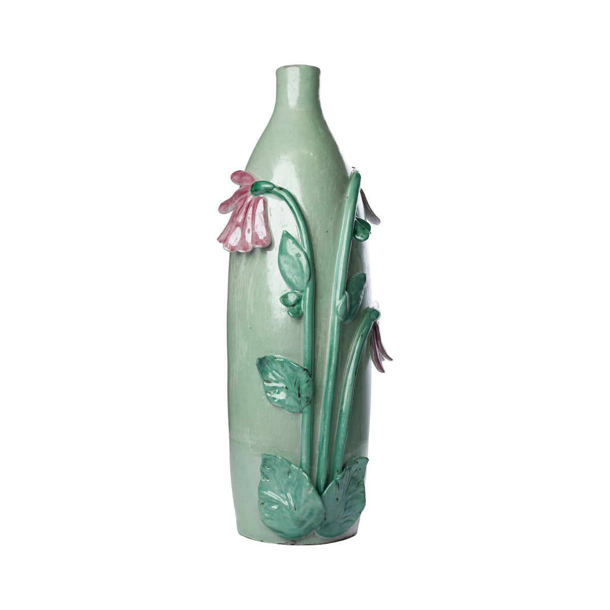 Large Green Vase with Pink Flowers