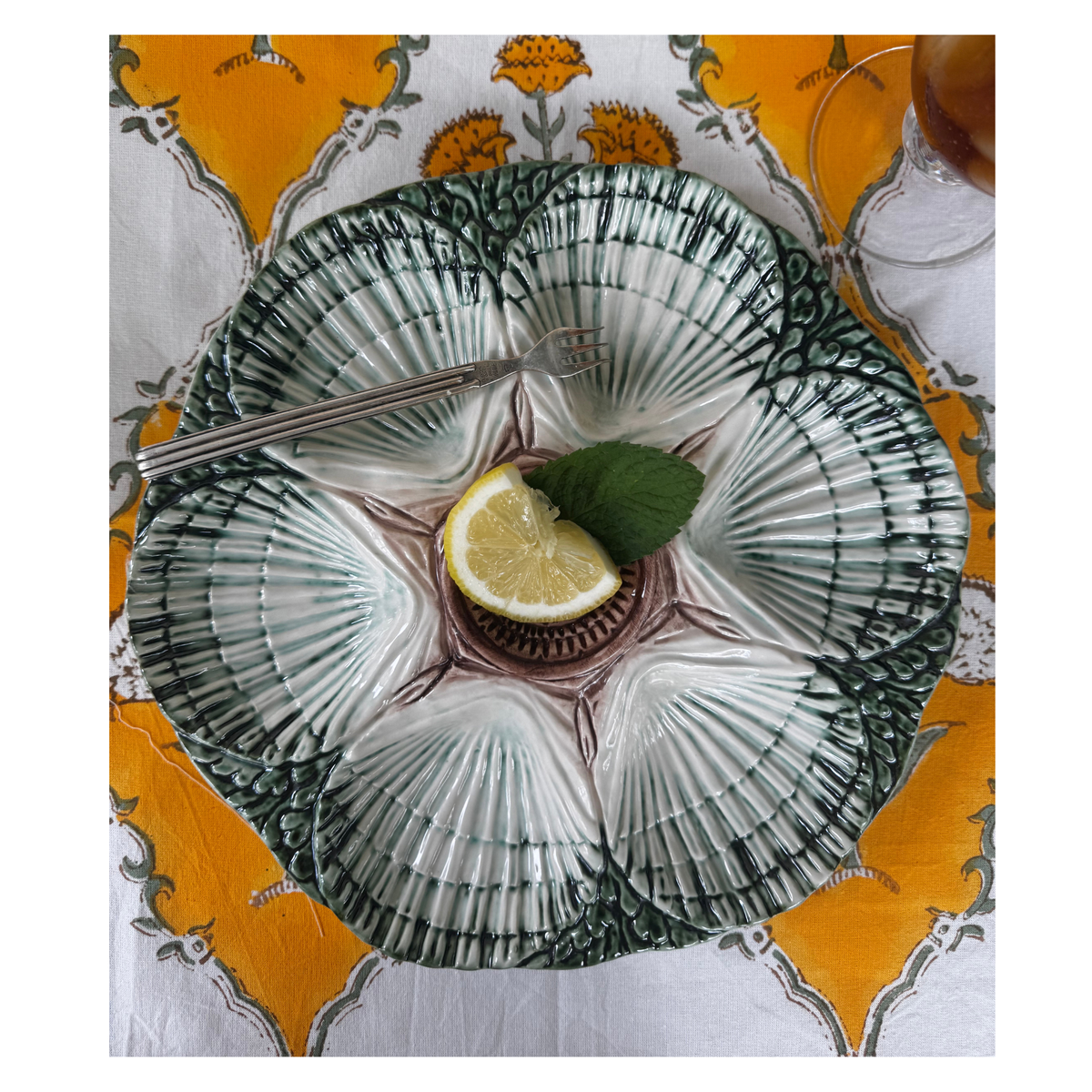 NOLA Oyster Plate, Green, Brown & Cream