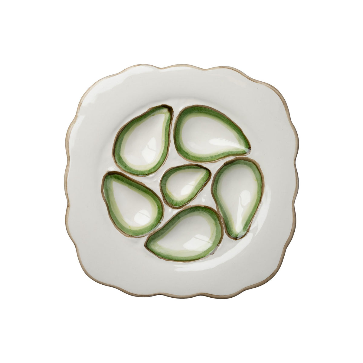 Scalloped Oyster Plate, White & Green