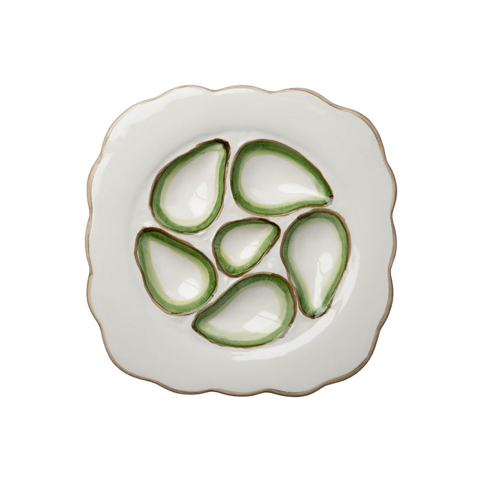 Scalloped Oyster Plate, White & Green