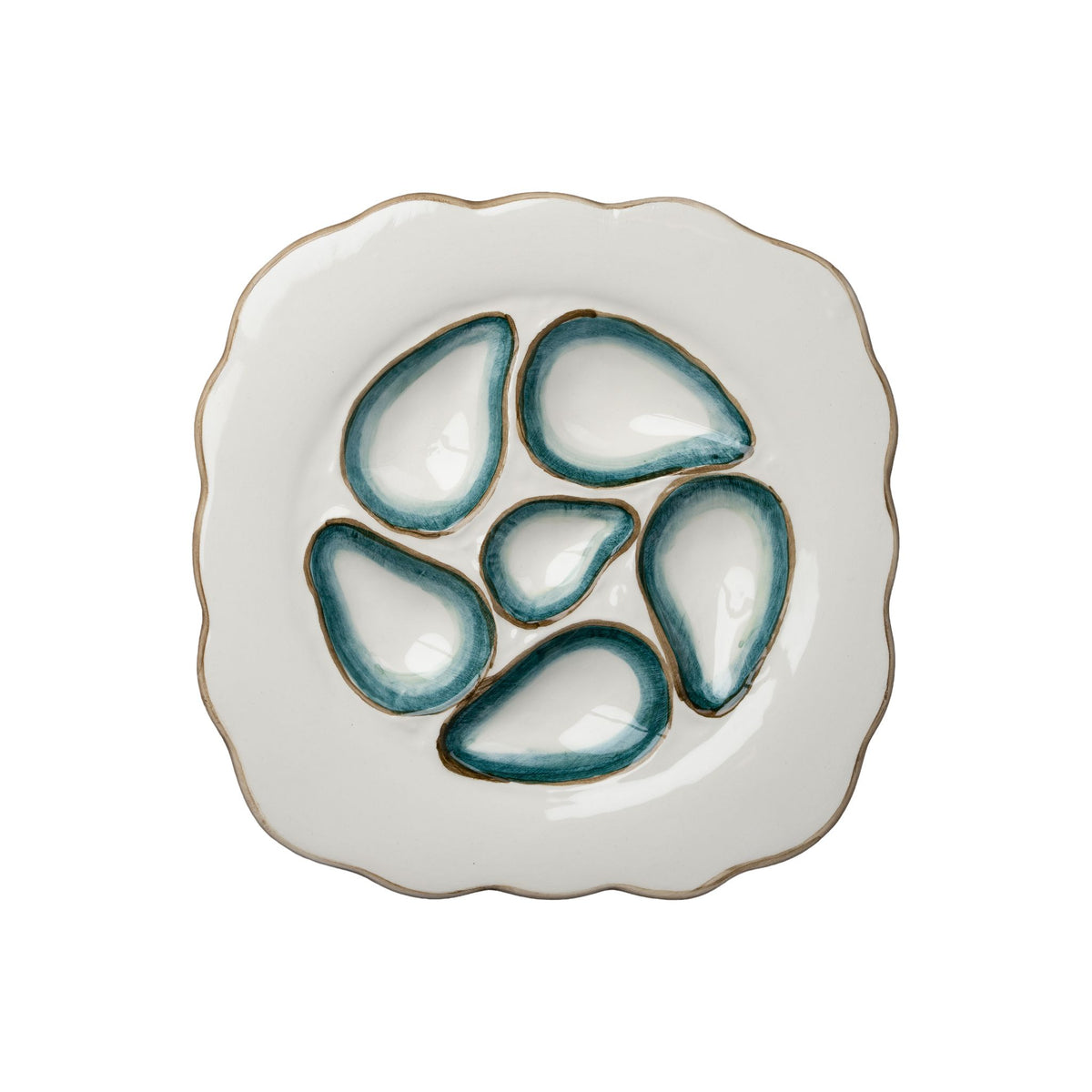 Scalloped Oyster Plate, White & Turquoise