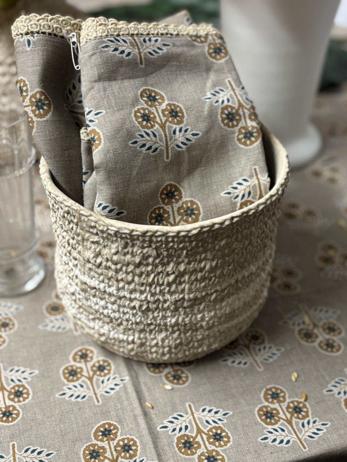 Gray with Yellow & Blue Flowers Tablecloth with Floral Lace Edge