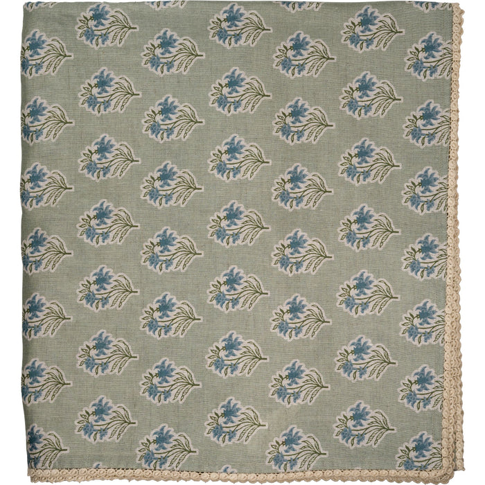 Sage Green/Blue Flower Tablecloth with Lace Edge