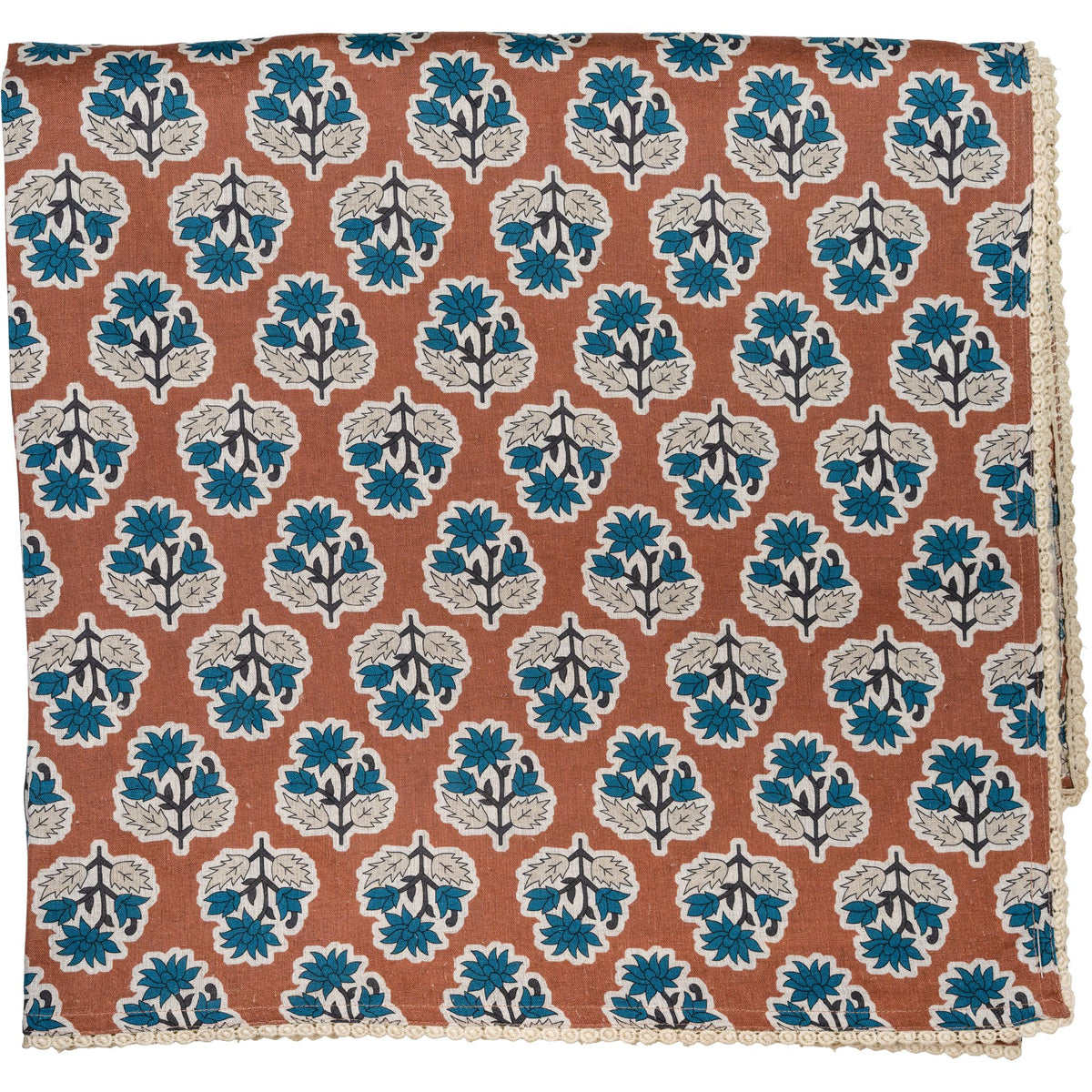 Cinnamon Brown w/ Blue Flowers Tablecloth with Floral Lace Edge