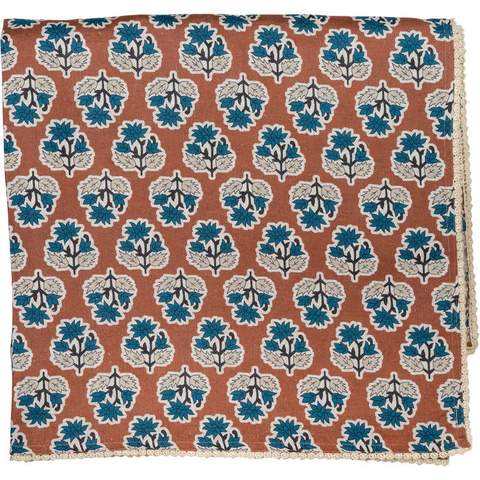 Cinnamon Brown w/ Blue Flowers Tablecloth with Floral Lace Edge