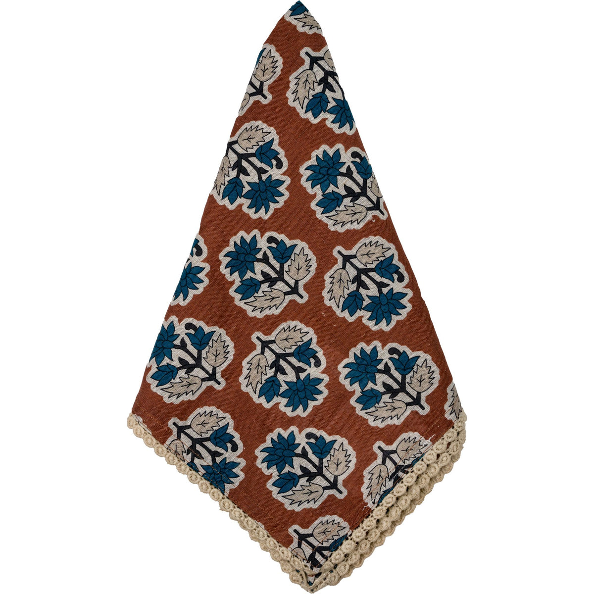 Cinnamon Brown w/ Blue Flowers Napkin with Floral Lace Edge