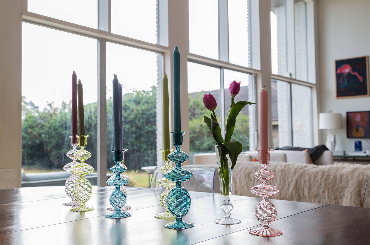 Green Swirl Glass Candlestick, Medium