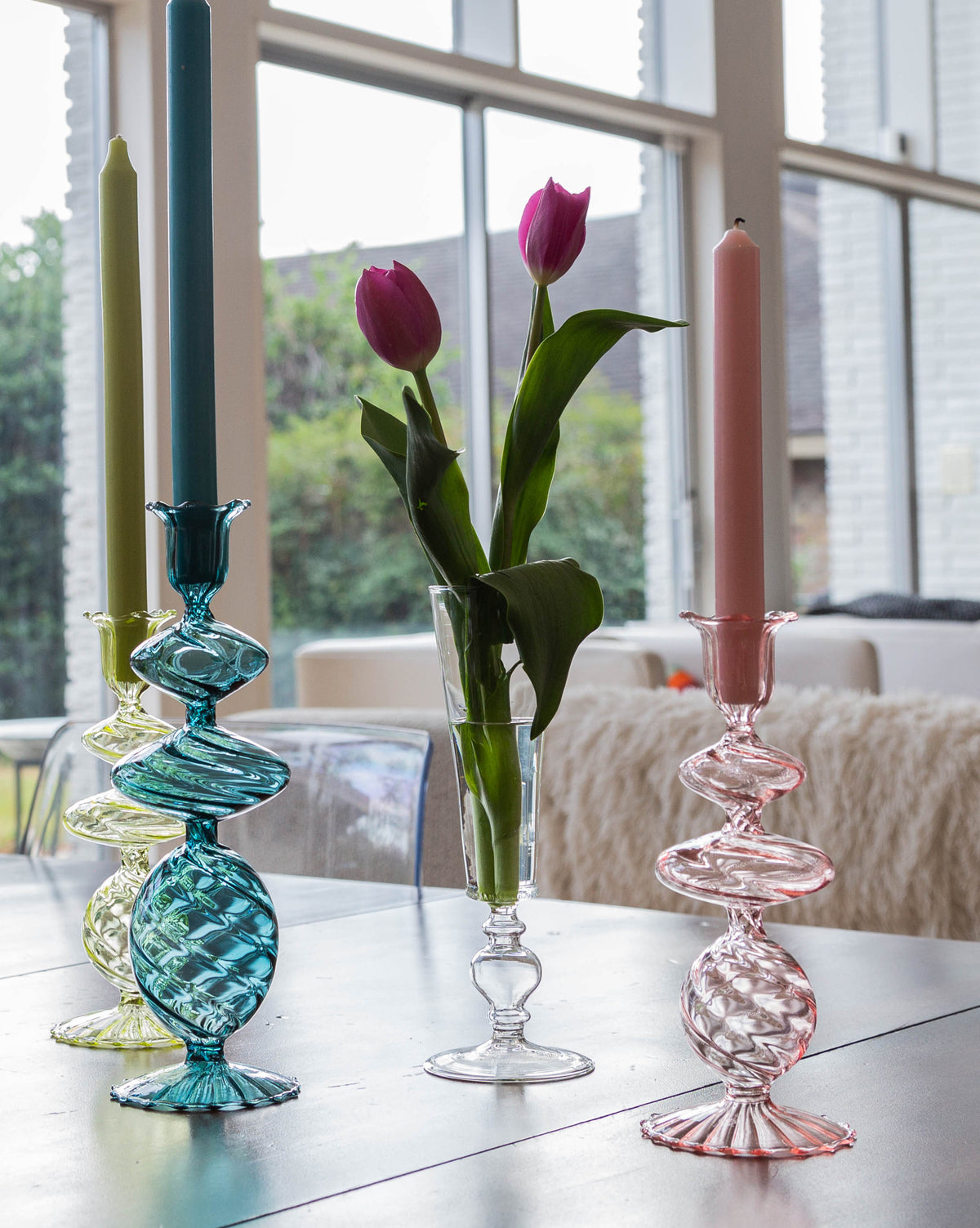 Pink Swirl Glass Candlestick, Medium